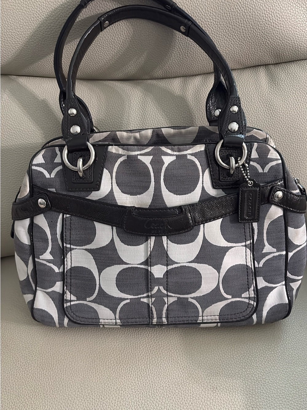 Coach Gray and White Signature Satchel with Black Trim